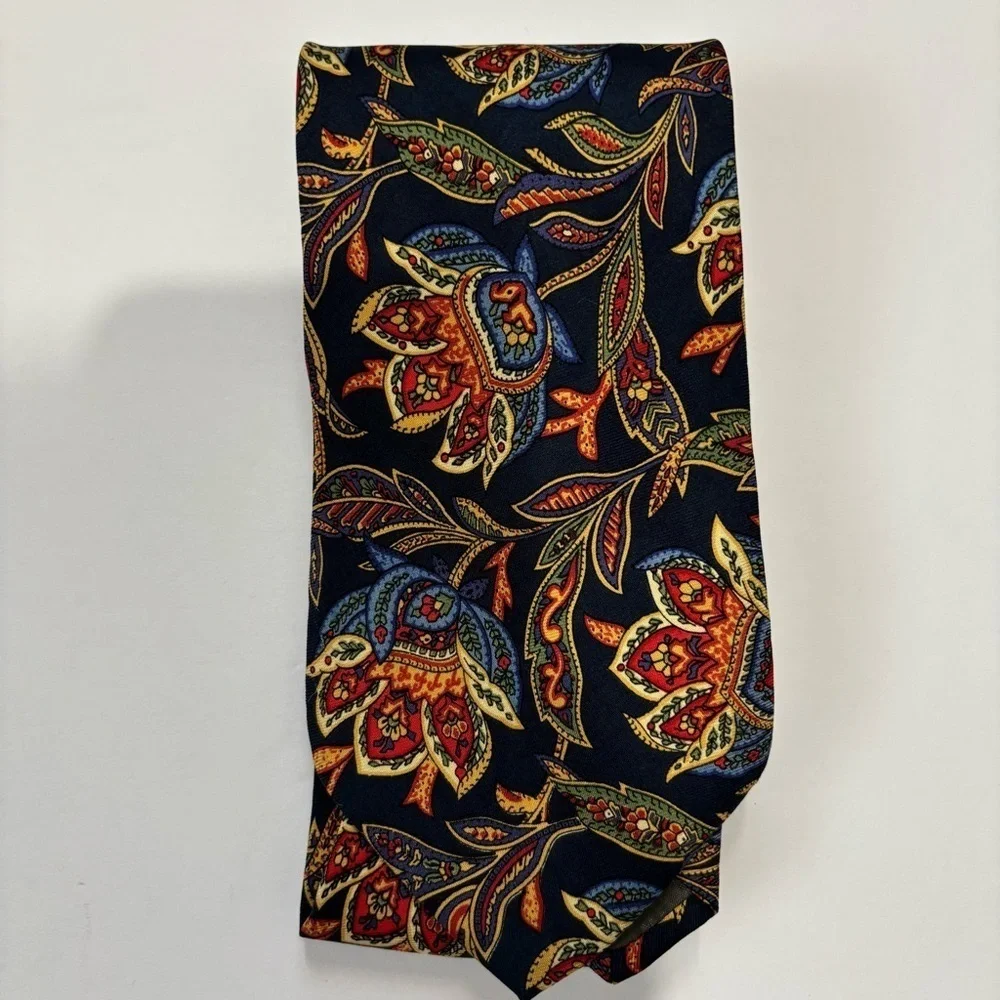 Emilio Sandrini Kreymborg Vintage Navy Orange 100% silk paisley brocade Neck Tie
